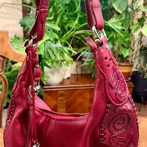 Brighton Ivanka Hobo Red Pebbled Leather Women's Purse With Paisley Accents
